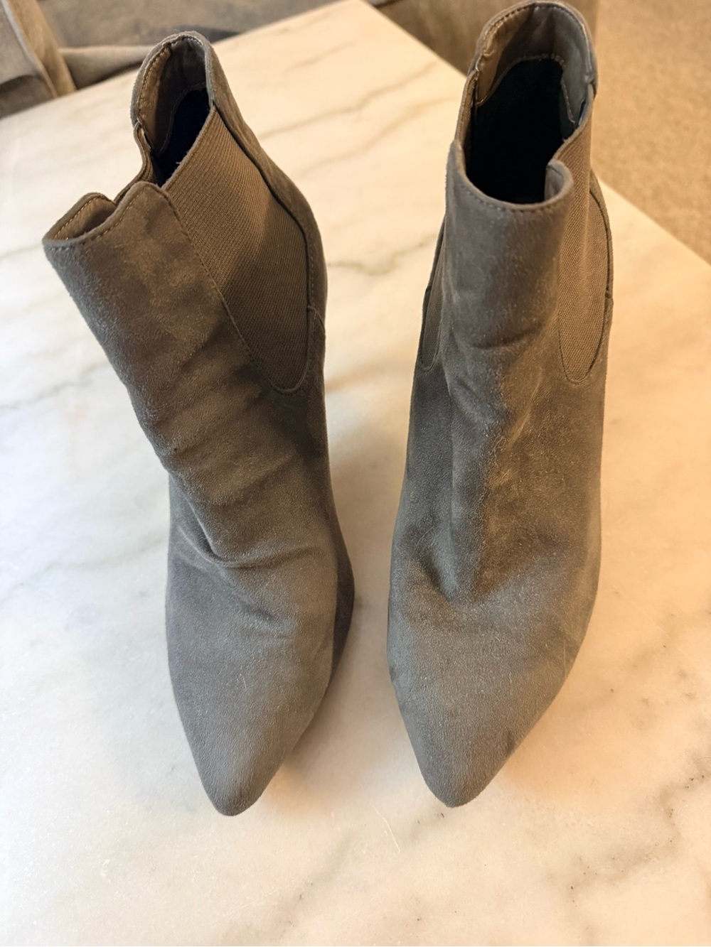 14th & Union Pointed-Toe Suede Ankle Booties in Taupe